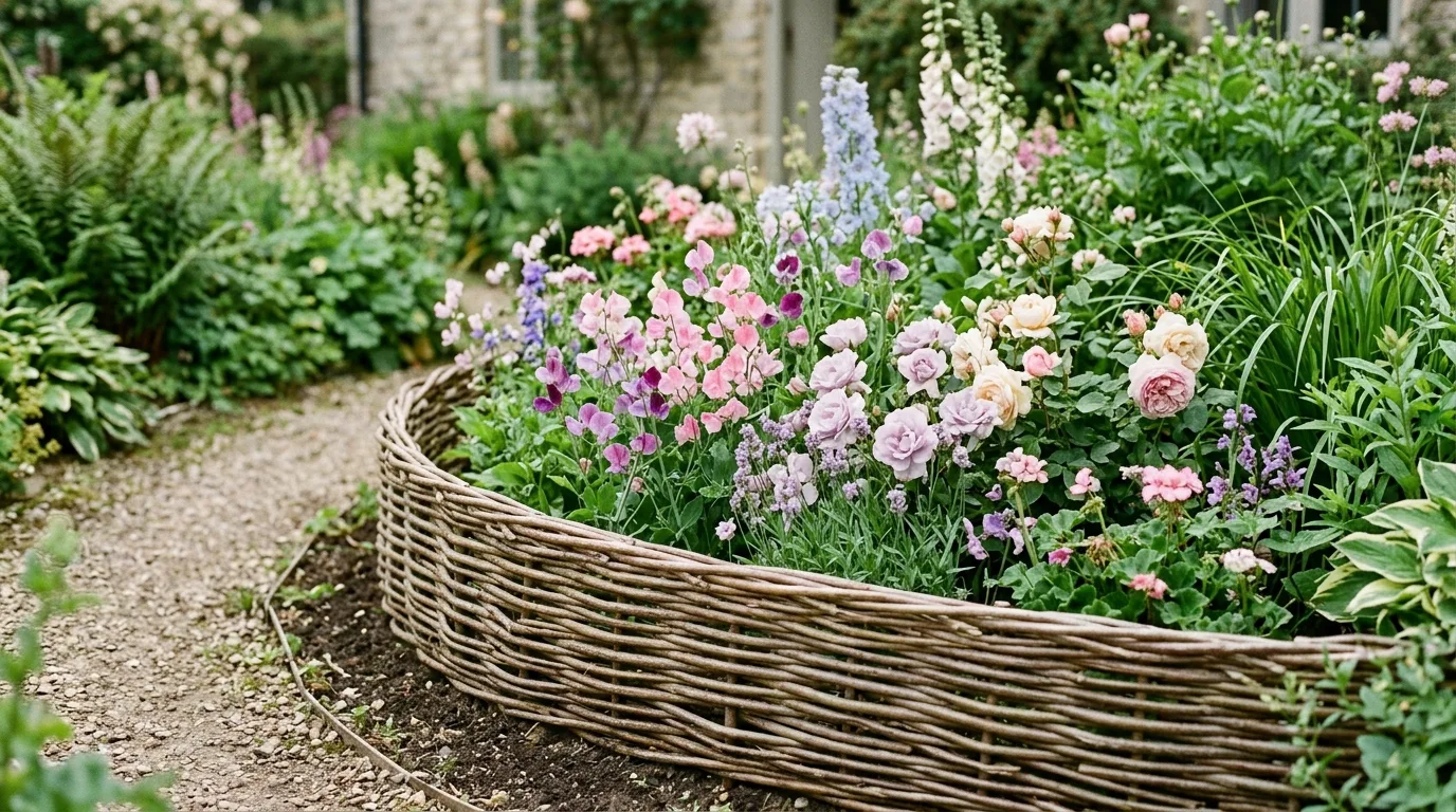 Woven willow branch flowerbed edging around a pastel cottage-style garden bed.