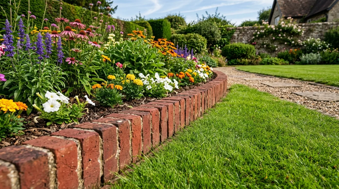 Brick-on-edge flowerbed border with red bricks and colorful flowers.