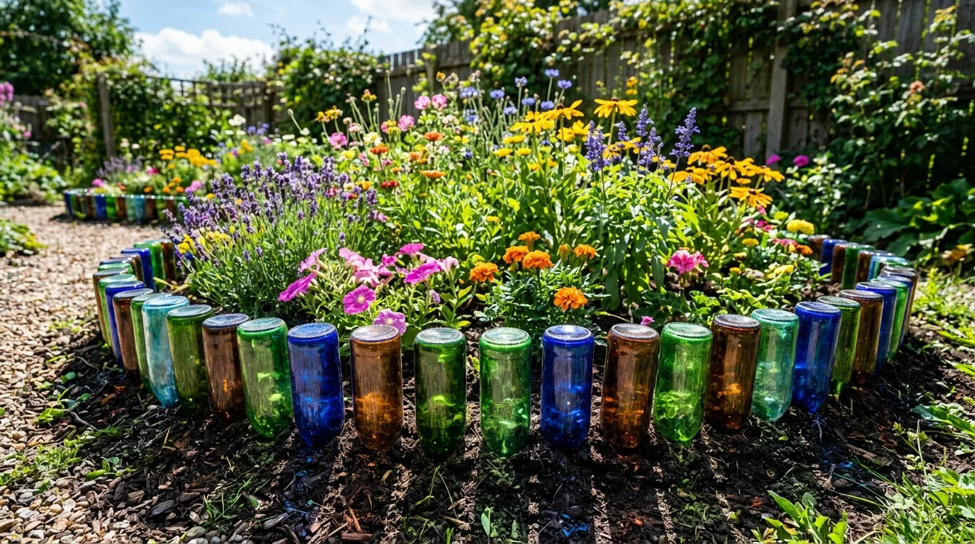 Recycled glass bottle flowerbed edging with green and blue bottles catching sunlight.