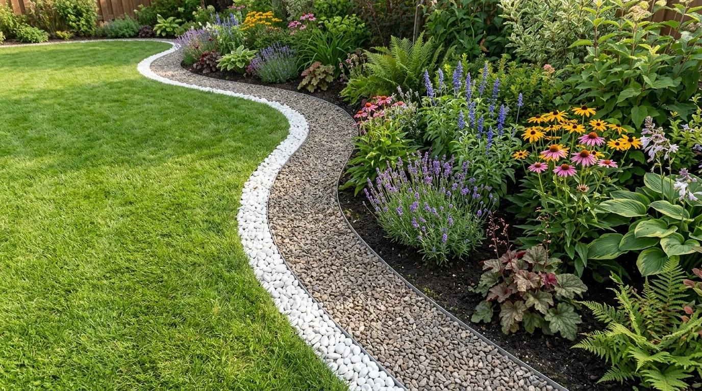 Gravel trench flowerbed edging separating lawn and planting bed.