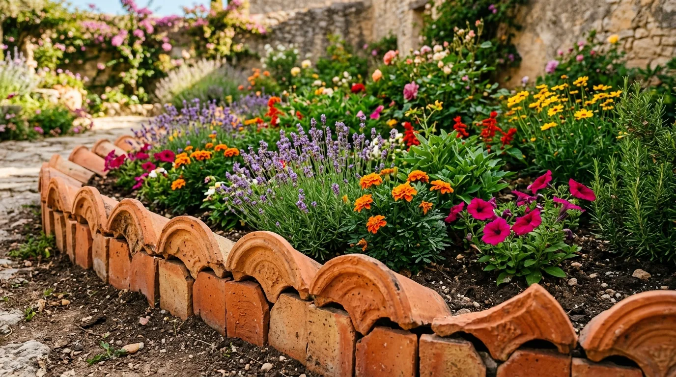 Terracotta tile flowerbed edging in a decorative pattern around colorful flowers.