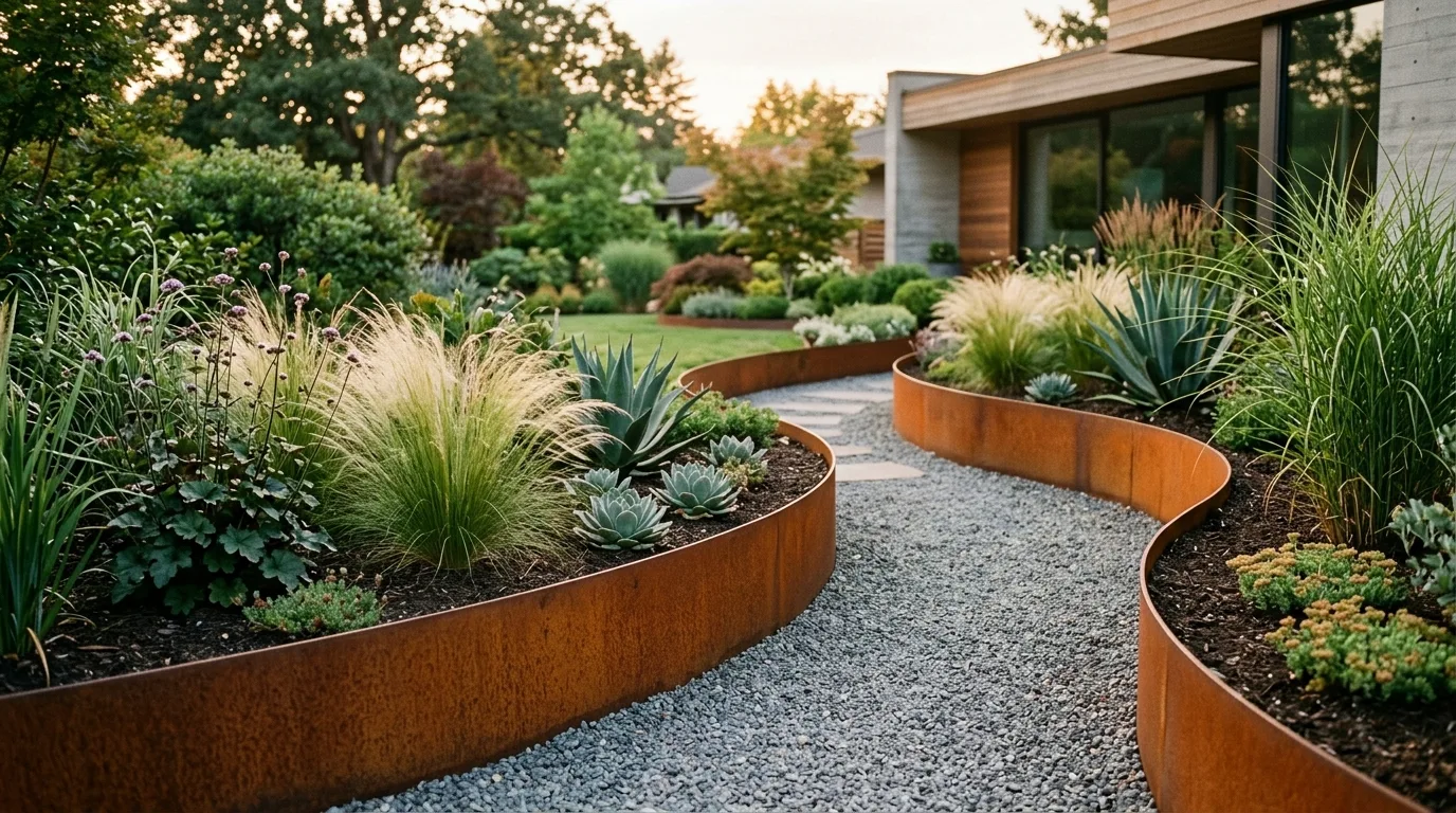 Corten steel flowerbed edging with a rusted patina and curved border.