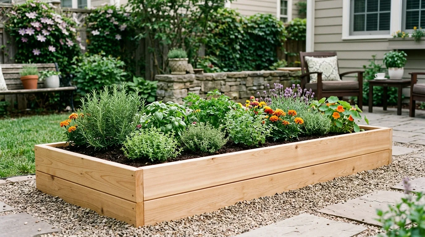 Raised wooden plank flowerbed edging around herbs and flowers near a patio.
