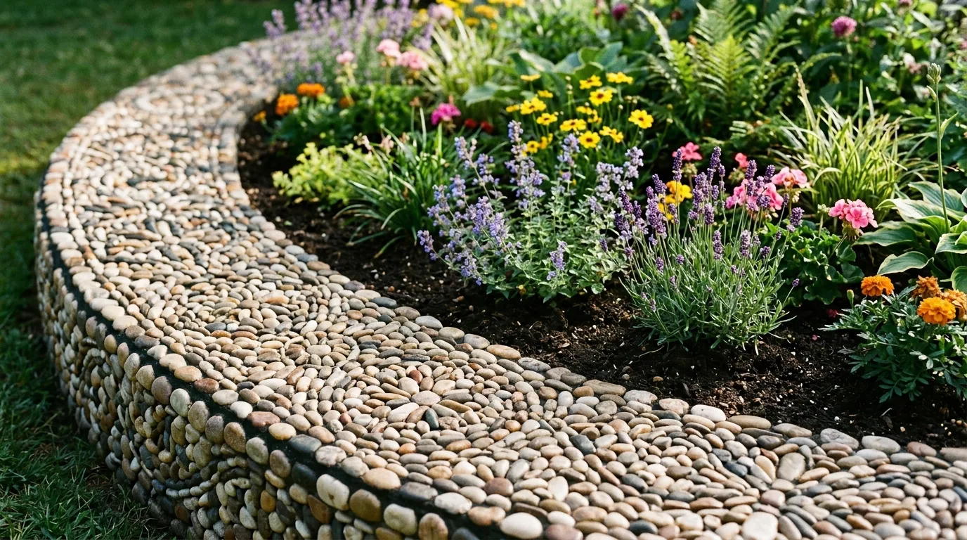 Pebble mosaic flowerbed edging with decorative stone patterns and bright flowers.