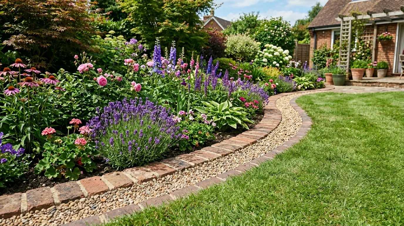 Brick and gravel combination flowerbed edging around lush blooming plants.