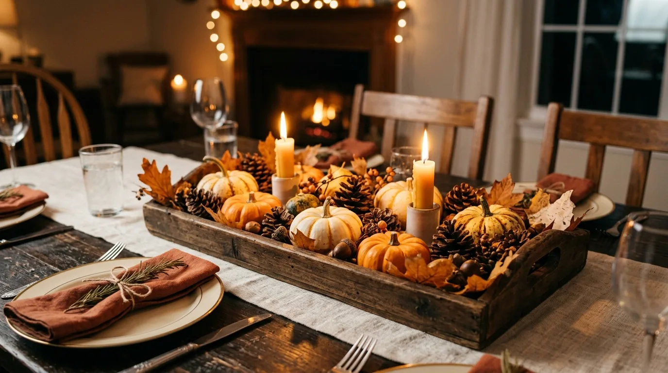 Rustic Thanksgiving centerpiece with pumpkins, pinecones, and candles on a dining table.