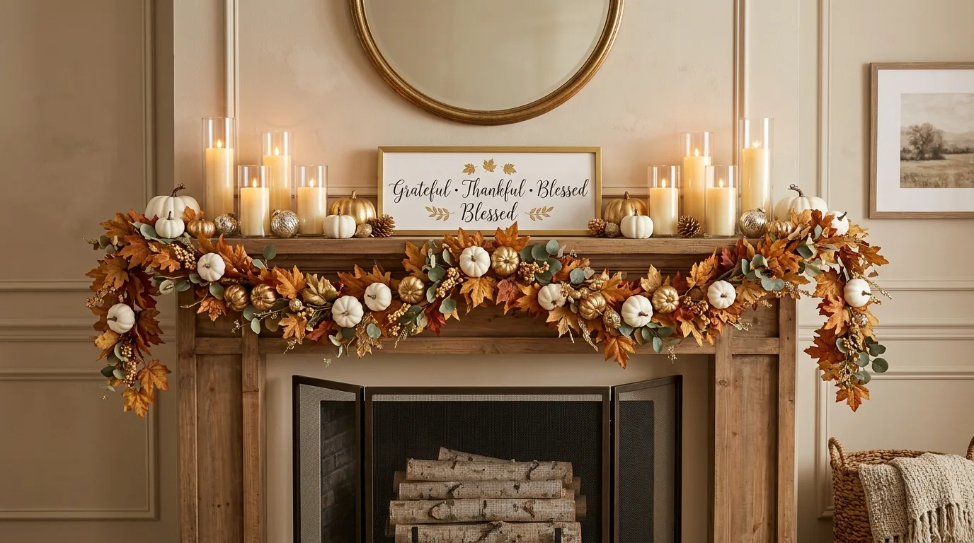 Elegant Thanksgiving mantel decor with fall garland, white pumpkins, and candles.