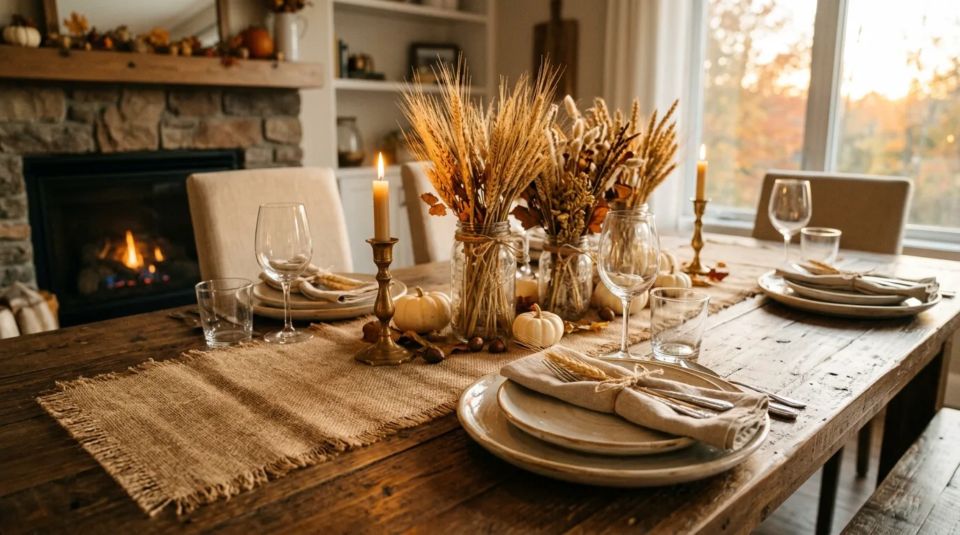Farmhouse-style Thanksgiving table setting with burlap runner and wheat arrangements.