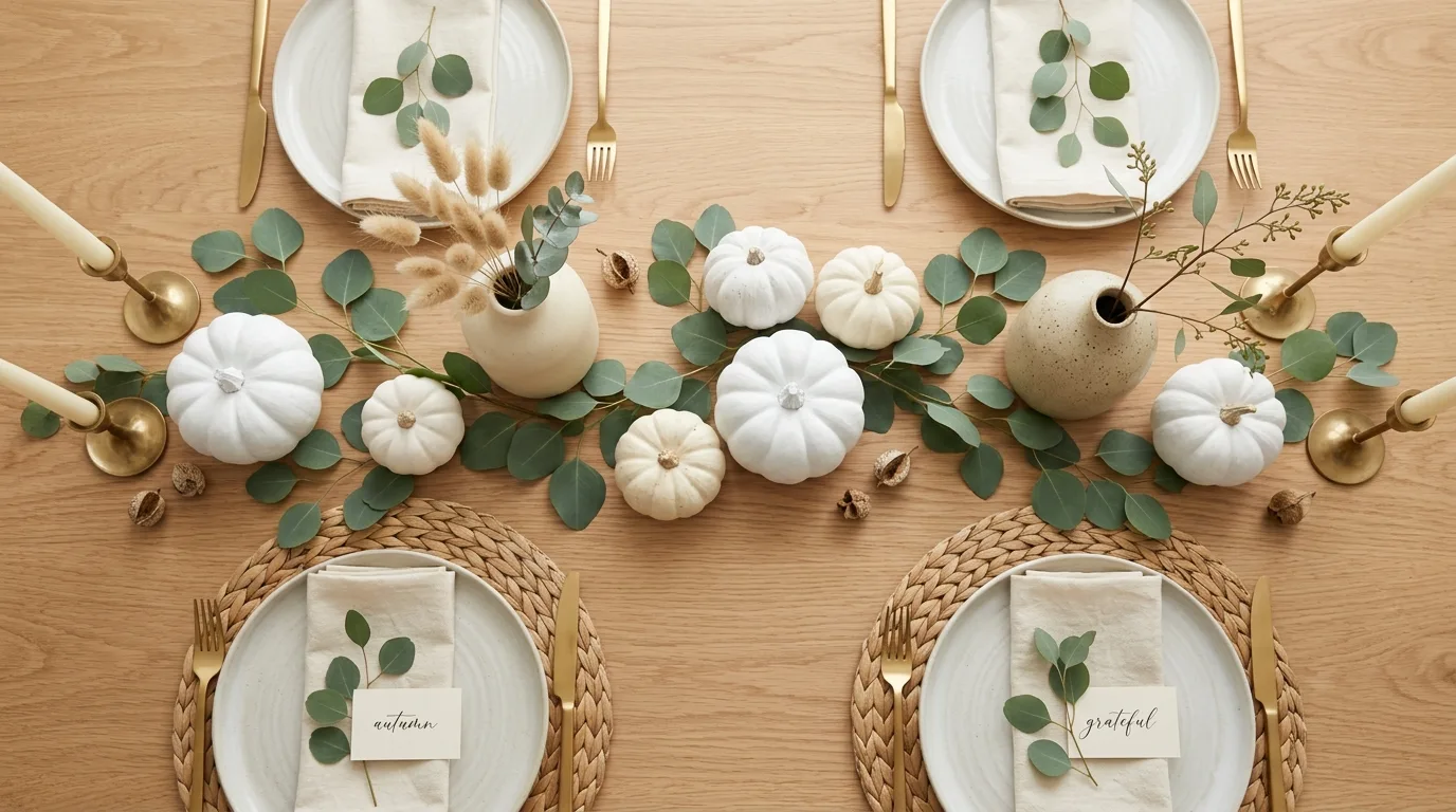 Minimalist Thanksgiving decor with white pumpkins, eucalyptus leaves, and neutral ceramics.