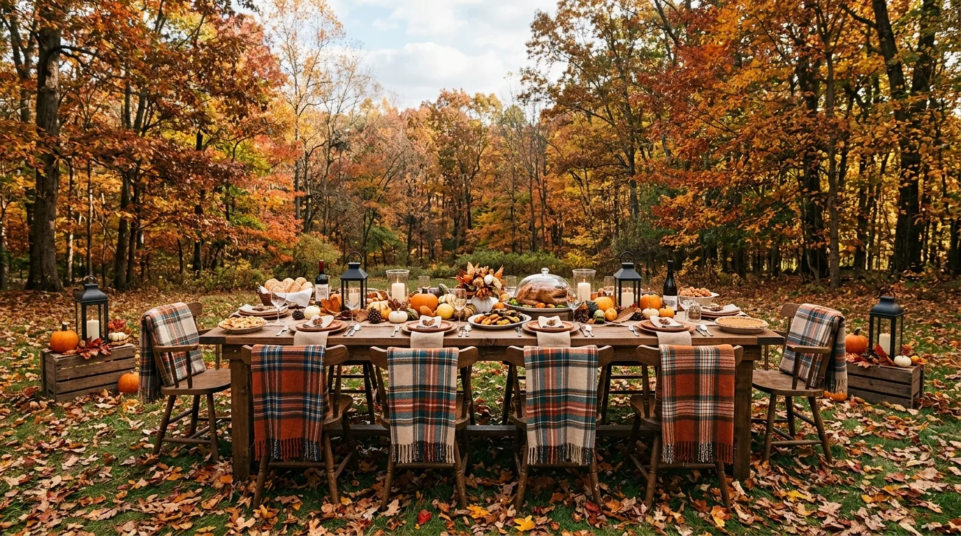 Outdoor Thanksgiving setup with pumpkins, lanterns, and plaid blankets among autumn foliage.