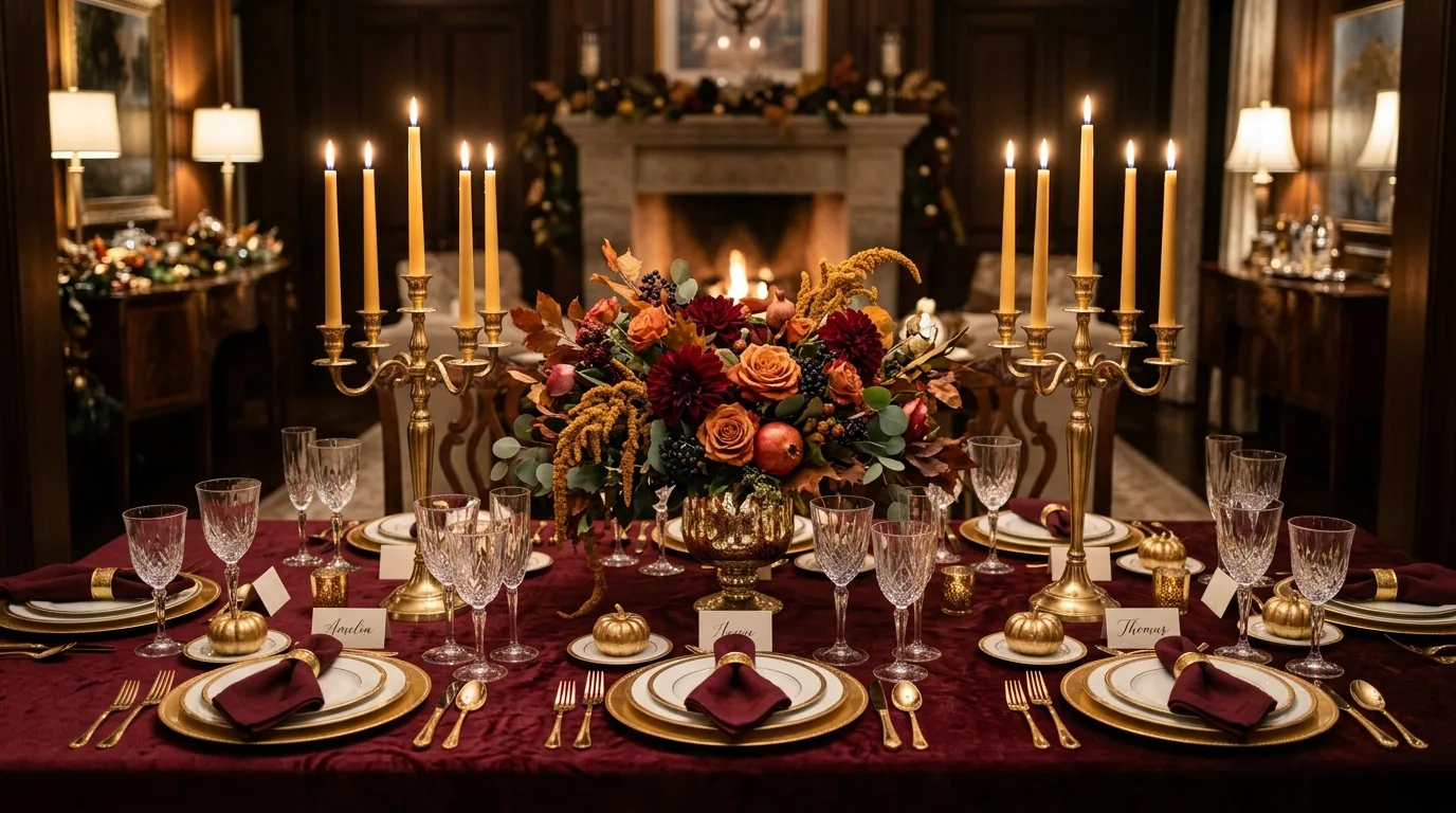 Luxurious Thanksgiving table decor with burgundy tablecloth, gold cutlery, and crystal glassware.