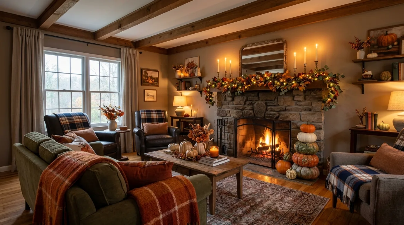 Cozy Thanksgiving living room decor with stacked pumpkins, plaid throws, and fireplace styling.