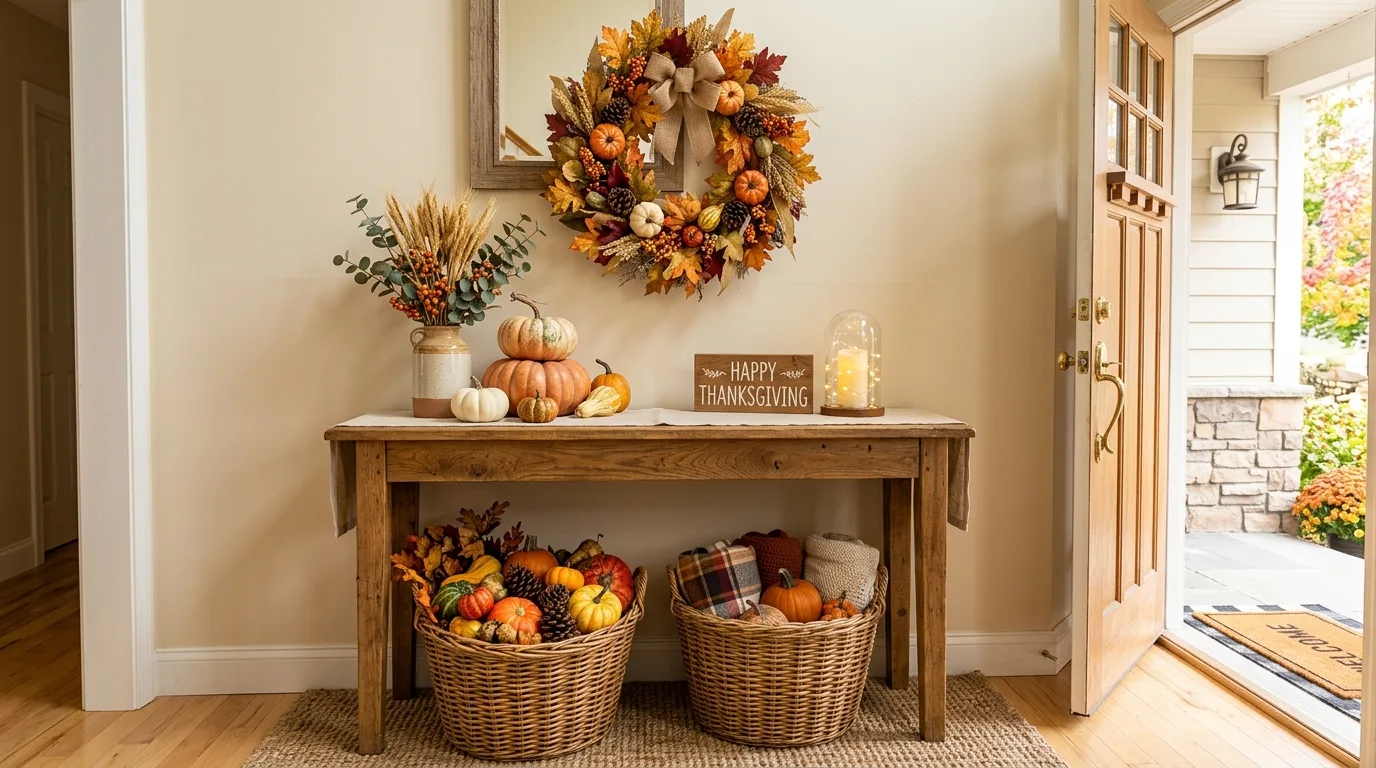Thanksgiving entryway decor with console table, wreath, baskets, and pumpkins.