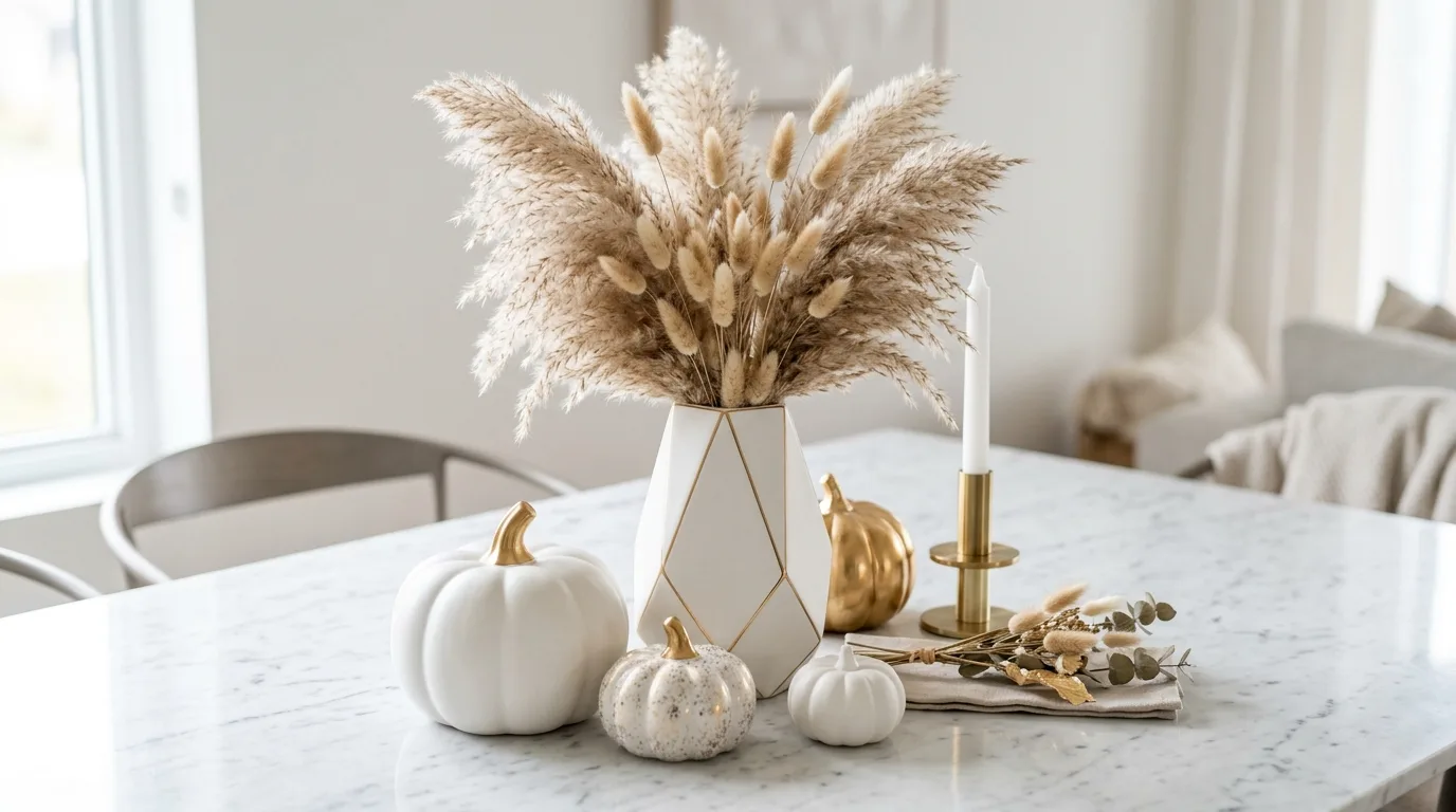 Modern Thanksgiving centerpiece with geometric vase, pampas grass, and white pumpkins.
