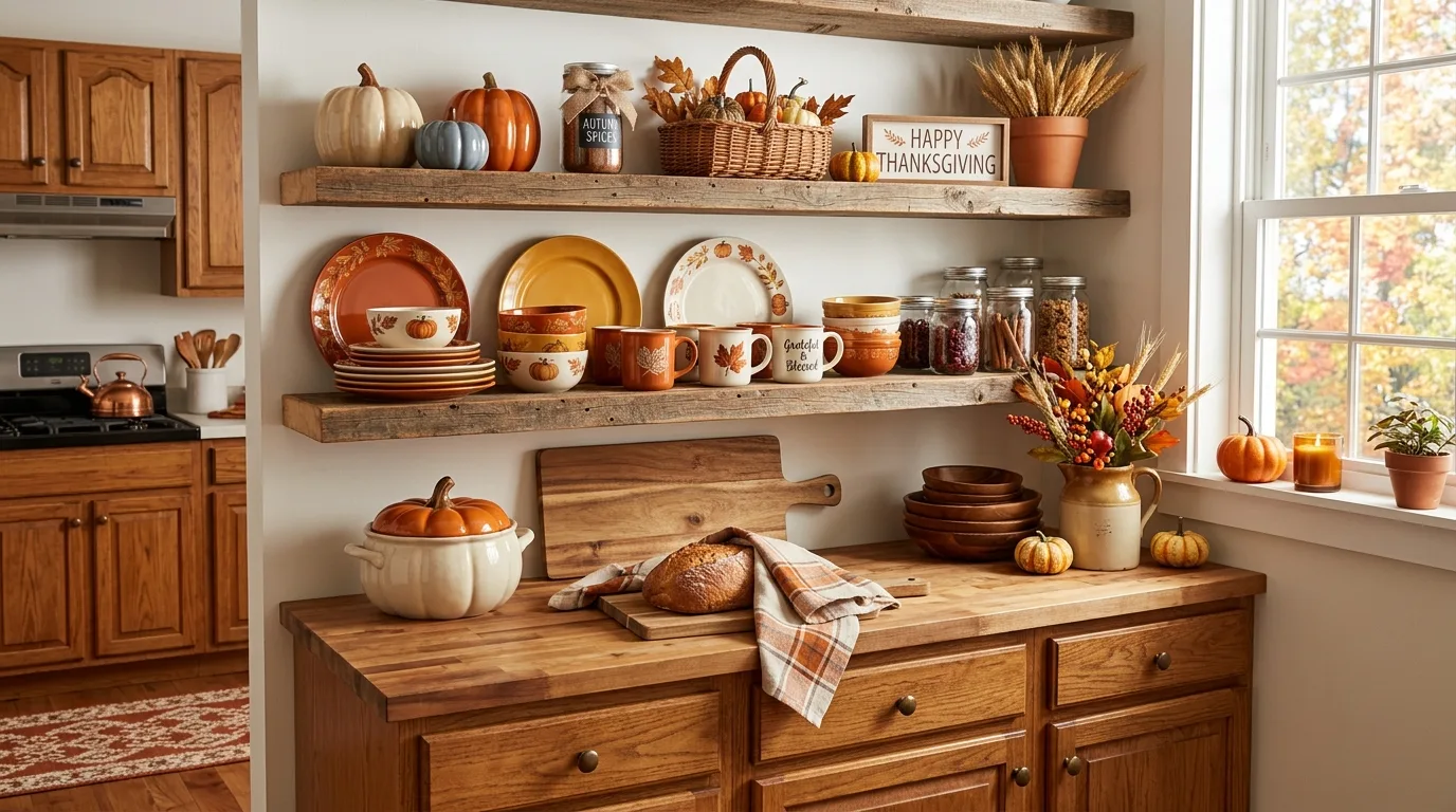 Thanksgiving kitchen decor with styled shelves, pumpkins, and seasonal dishware.