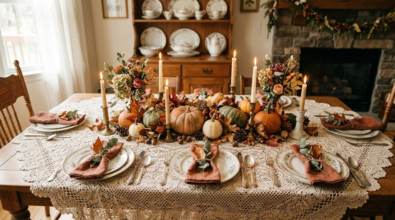 Vintage-inspired Thanksgiving table with antique plates, lace tablecloth, pumpkins, and candles.
