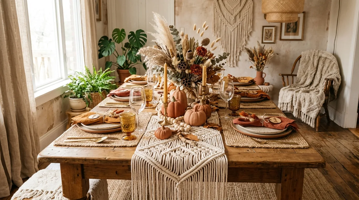 Boho Thanksgiving decor with macrame runner, dried flowers, and terracotta pumpkins.