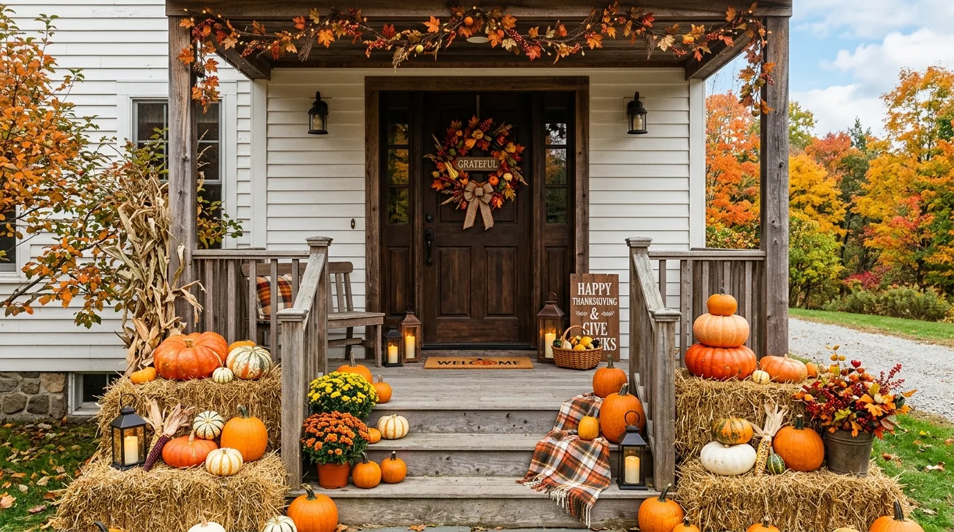 Thanksgiving porch decor with hay bales, pumpkins, lanterns, and wreath on the door.