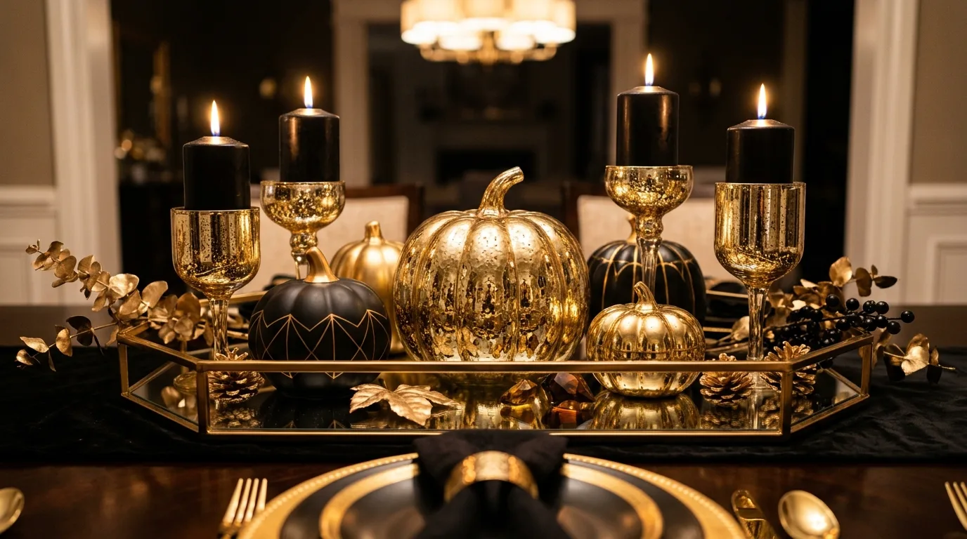 Glam Thanksgiving decor with metallic pumpkins, mirrored tray centerpiece, and black-and-gold accents.
