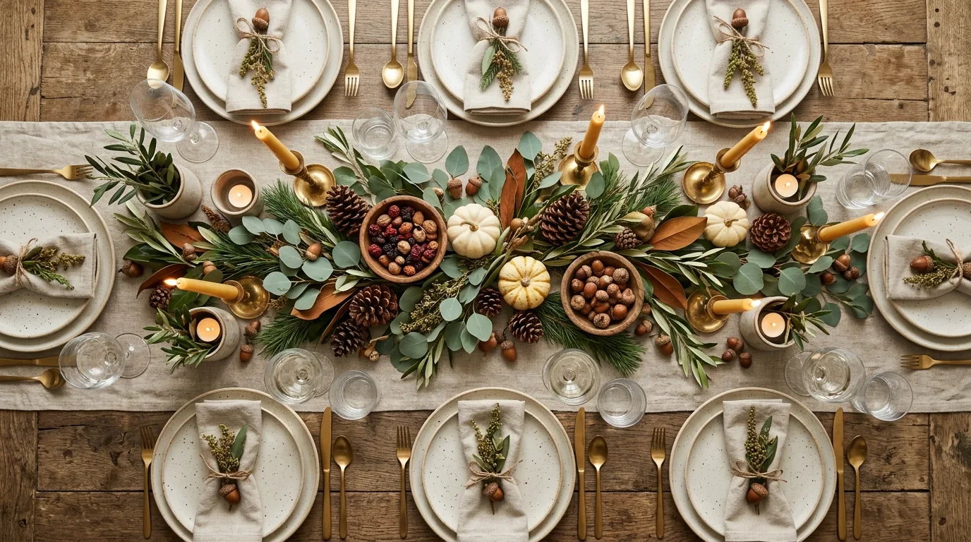 Nature-inspired Thanksgiving centerpiece with greenery, acorns, pinecones, and wooden bowls.