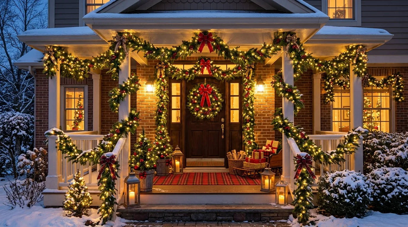 Christmas porch with wreath, lanterns, potted trees, garland, and warm festive lights.