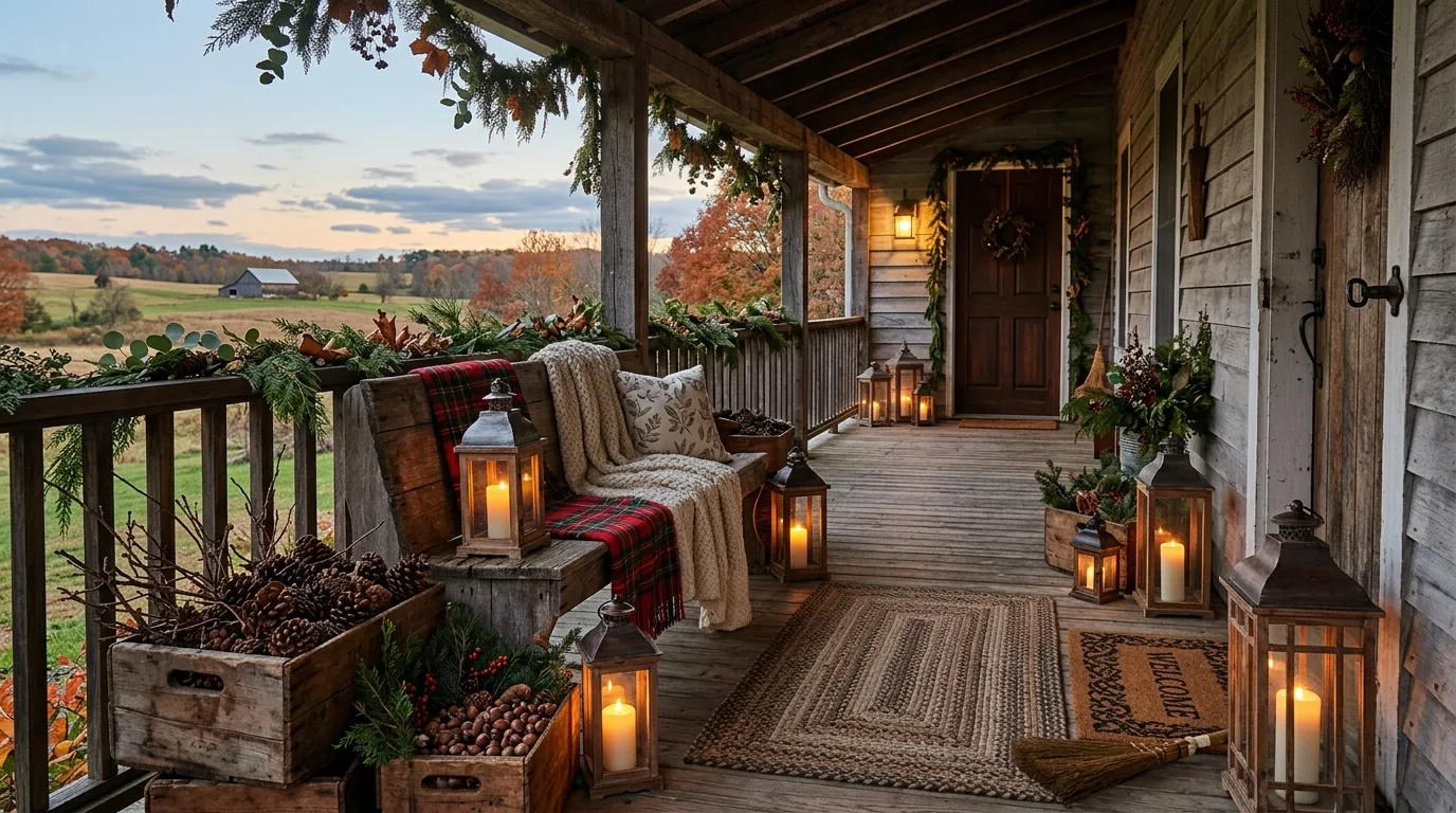 Festive Christmas porch with lantern clusters along the front steps.