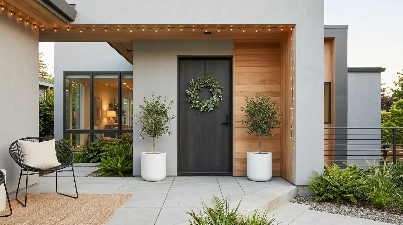 Front porch styled with matching mini Christmas trees in pots.