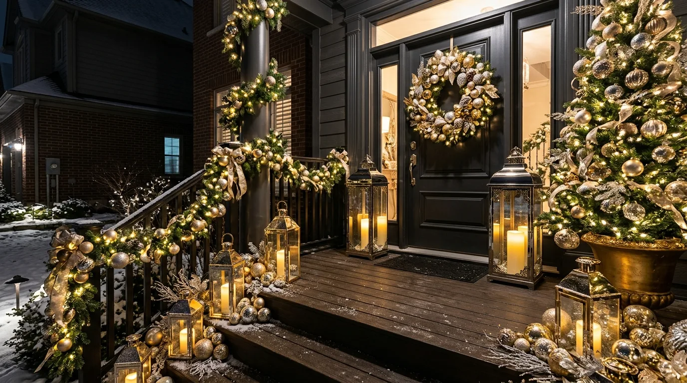 Christmas porch planters decorated with large red bows.