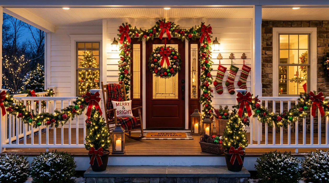 Christmas porch with layered doormats and plaid seasonal styling.
