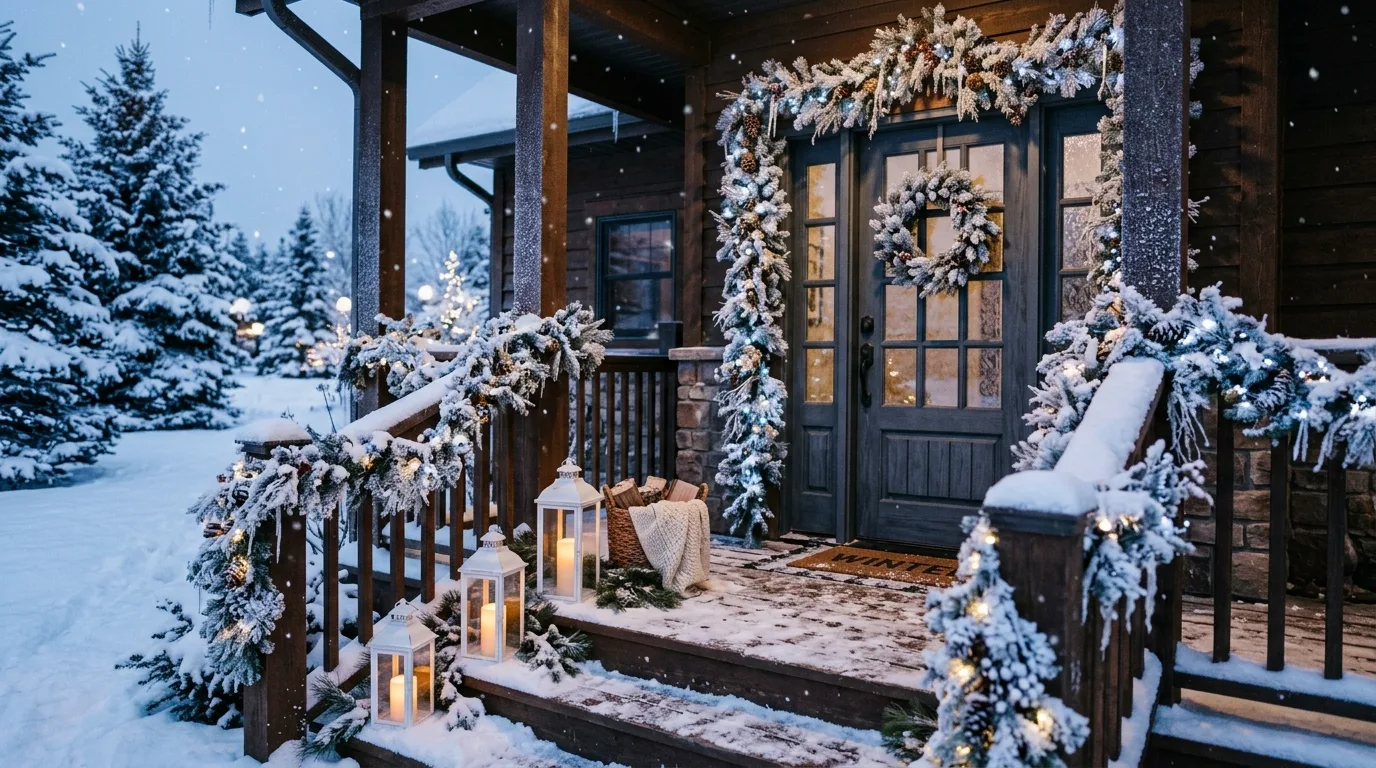 Christmas porch decorated with a wooden sled and welcome sign.