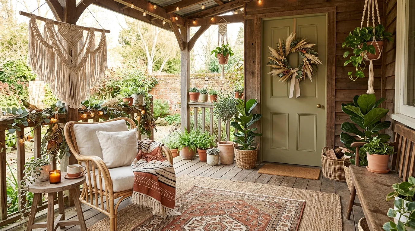 Cozy front porch bench styled with blankets and Christmas pillows.