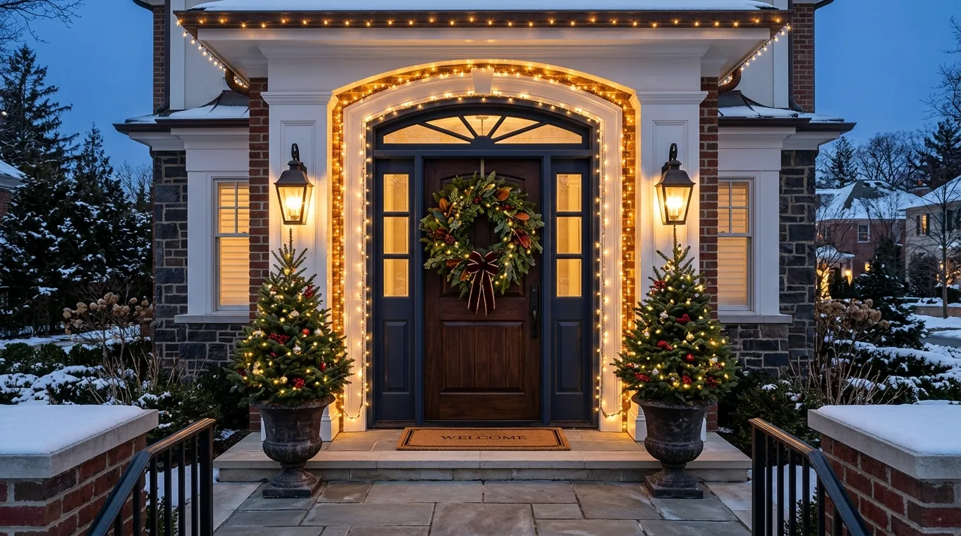 Christmas porch urns filled with oversized ornaments and greenery.