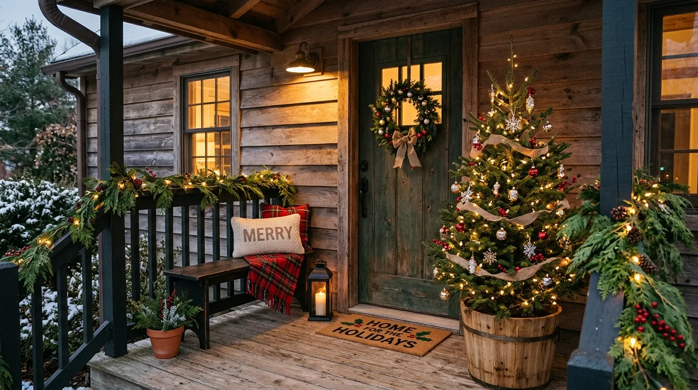 Festive front entry decorated with bells and ribbon for Christmas.