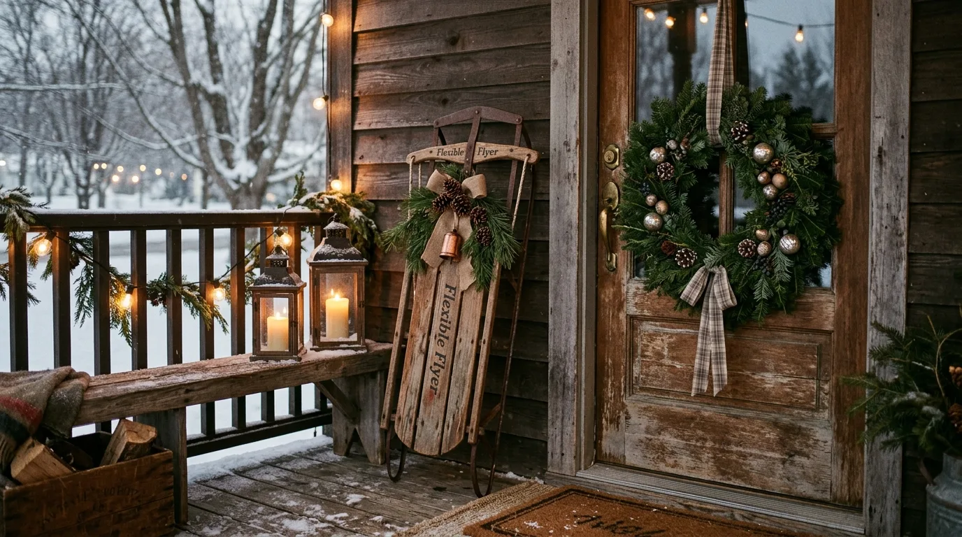 Neutral Christmas porch with snowy greenery, warm lights, and pale decor.