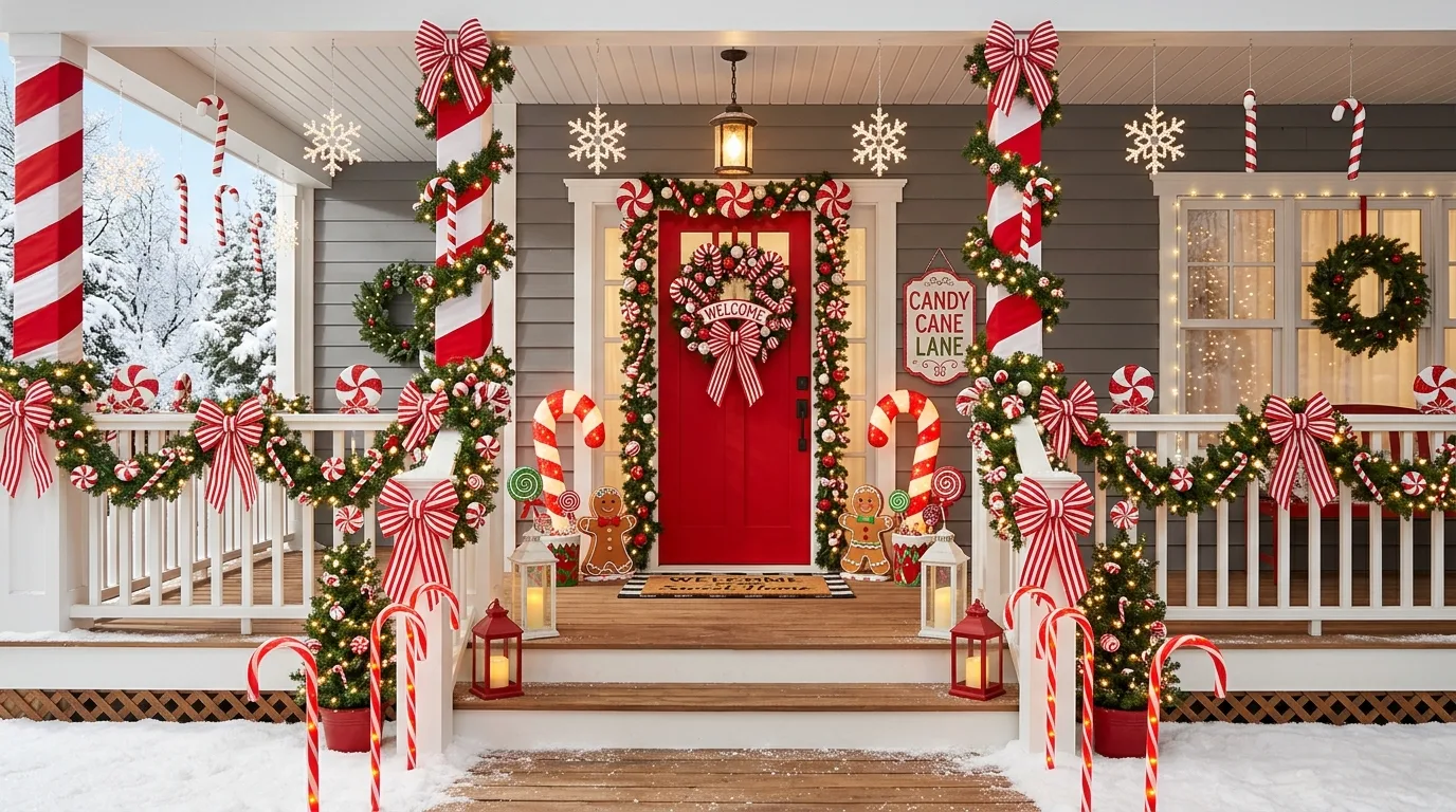 Traditional Christmas porch with red bows, green garland, and lit planters.