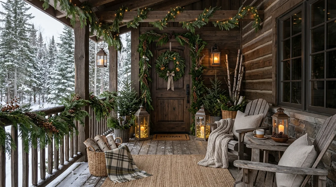 Christmas porch columns wrapped with twinkle lights and greenery.