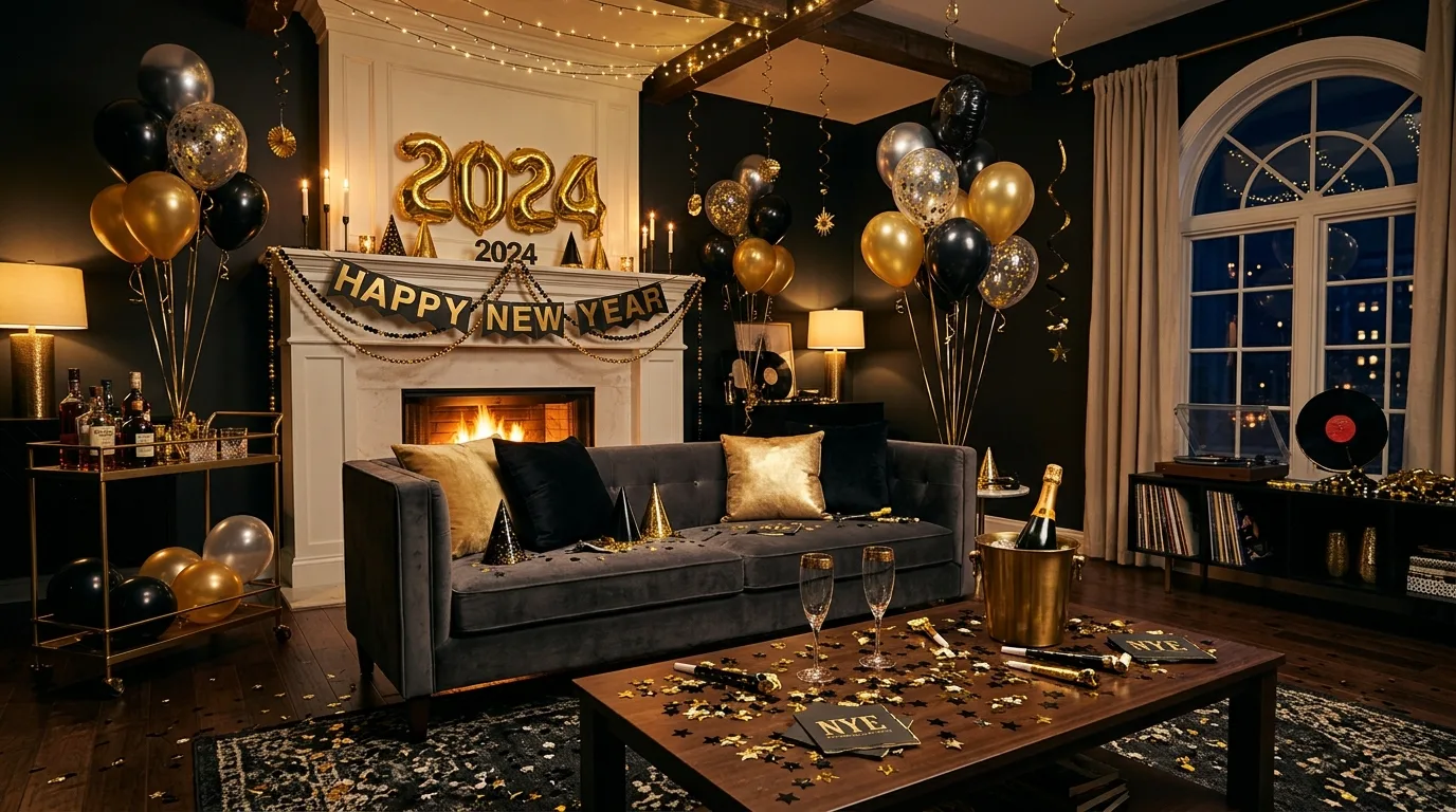 Stylish New Years Eve party setup at home with festive metallic decor.