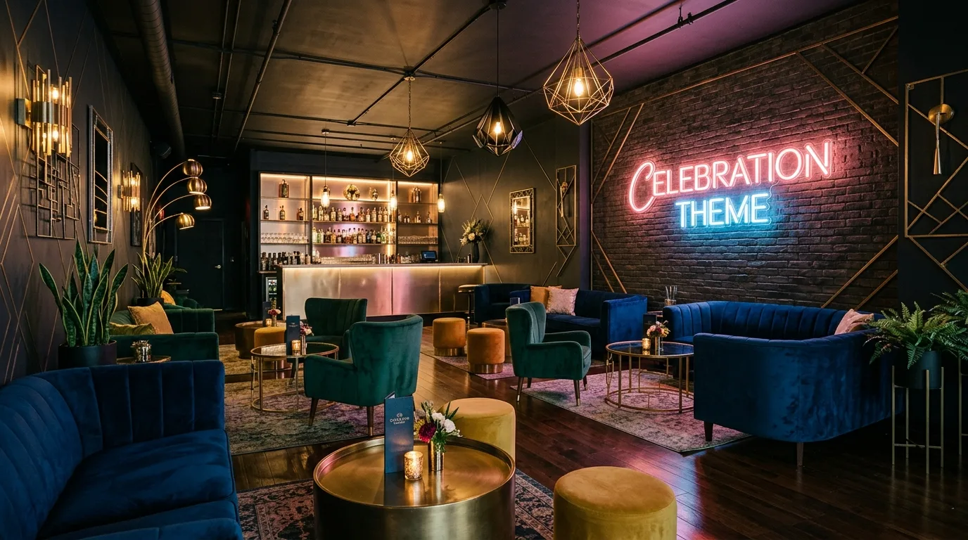 New Years Eve champagne cart styled with glasses, bottles, and party details.