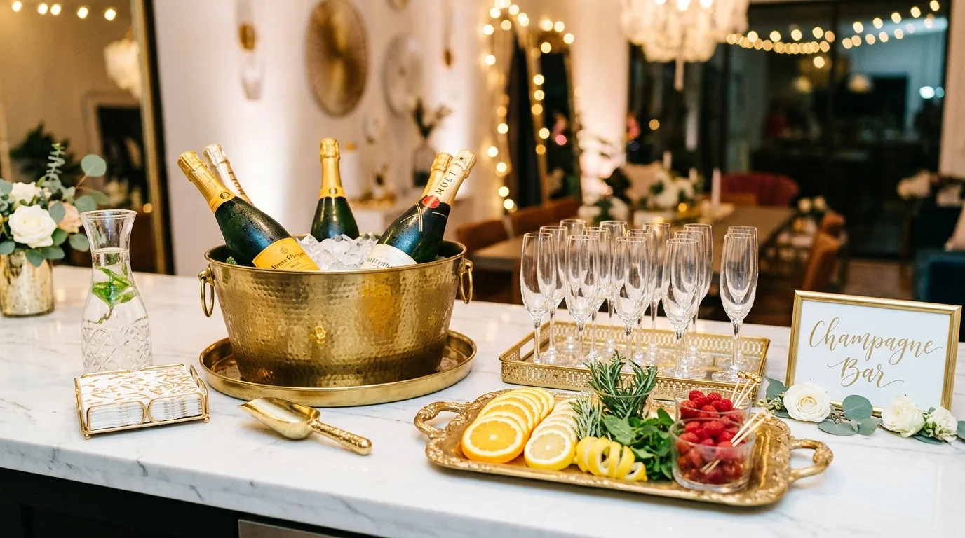 Sparkly New Years Eve tablescape with metallic place settings and candles.