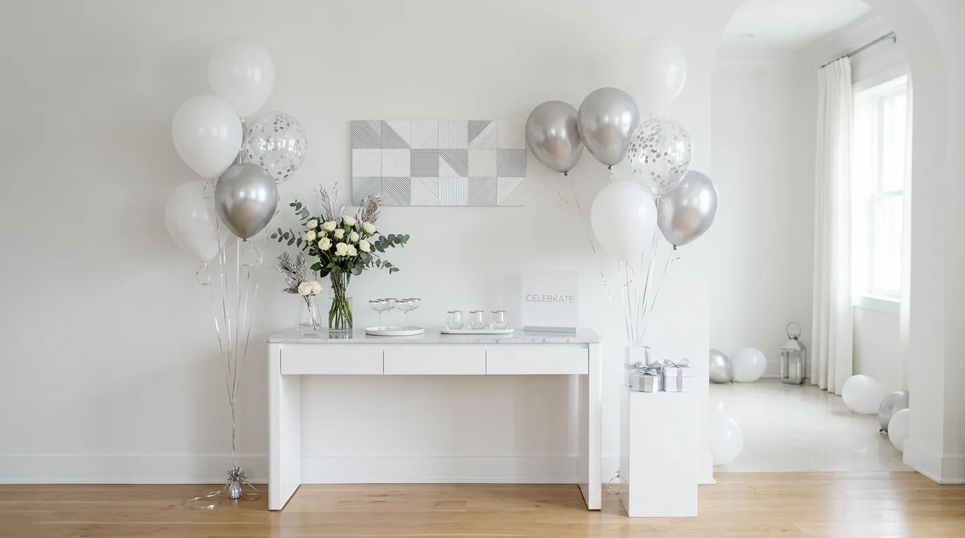 New Years countdown station with confetti poppers, hats, and party favors.