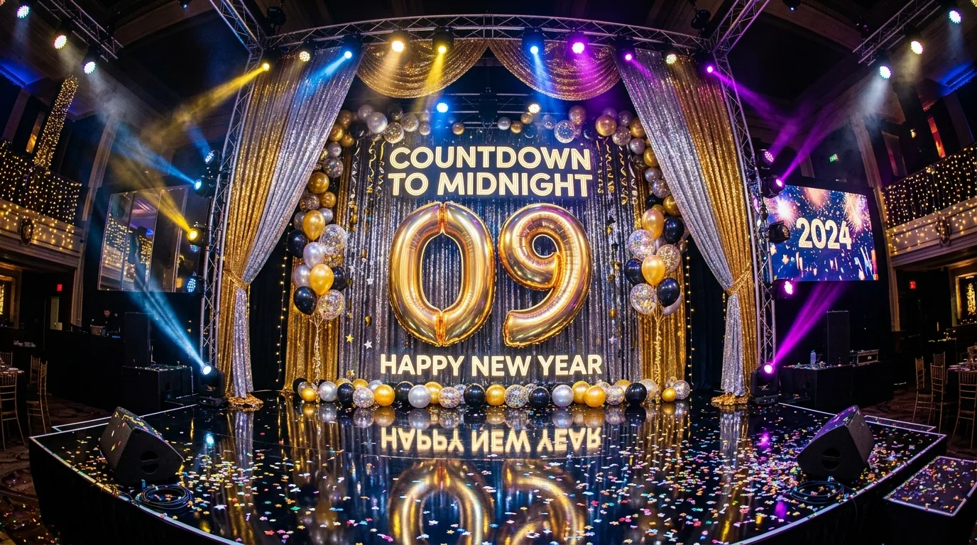 New Years Eve dessert table styled with metallic trays and festive sweets.