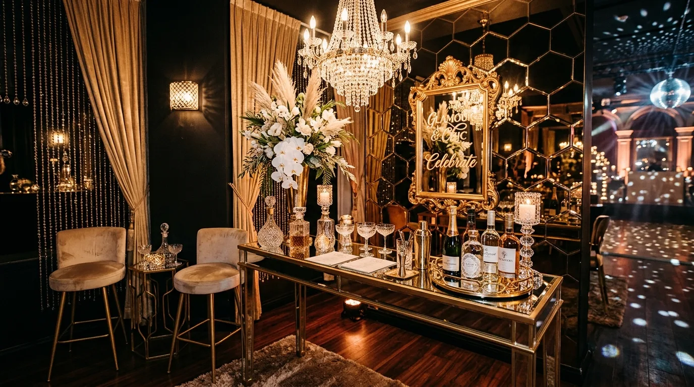 Minimal glam New Years Eve decor in silver and white tones.