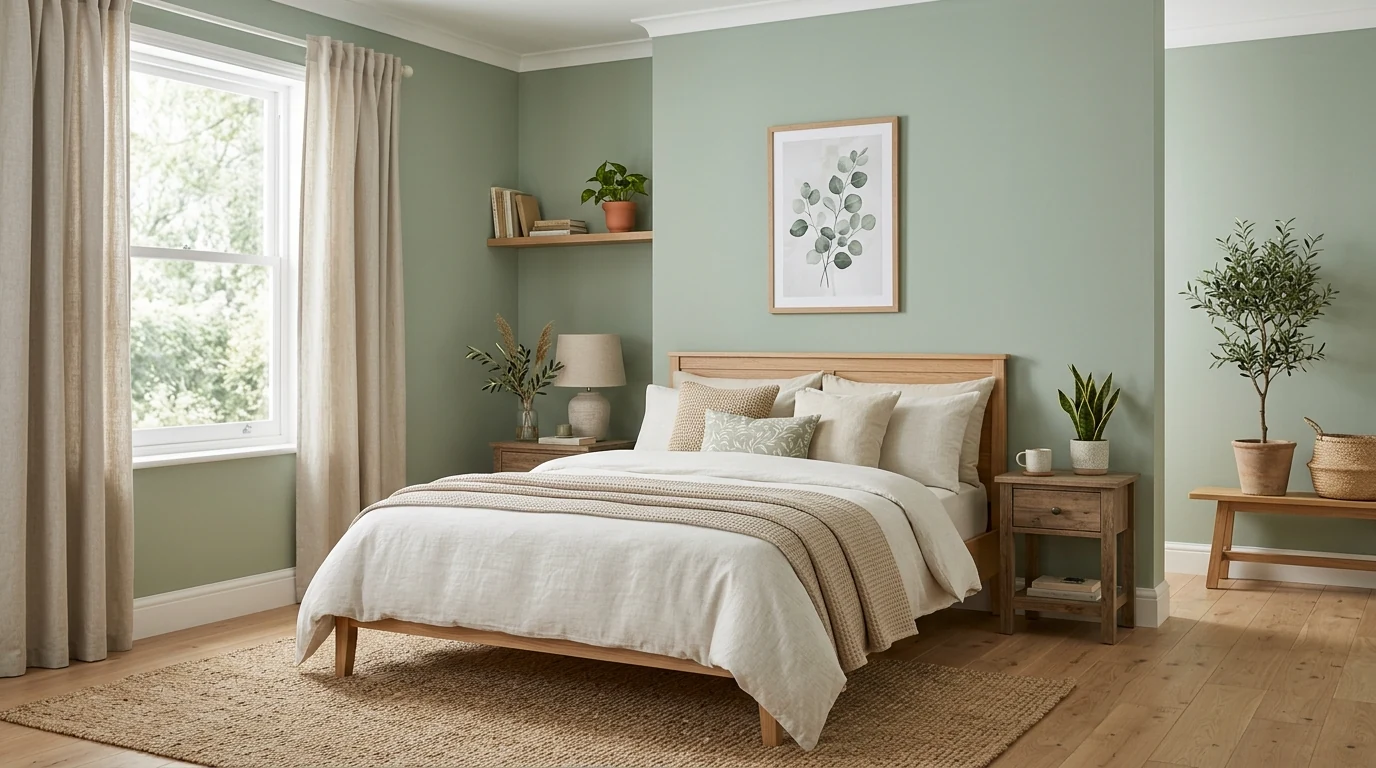 Muted earthy green interior color trend for calm stylish living spaces.