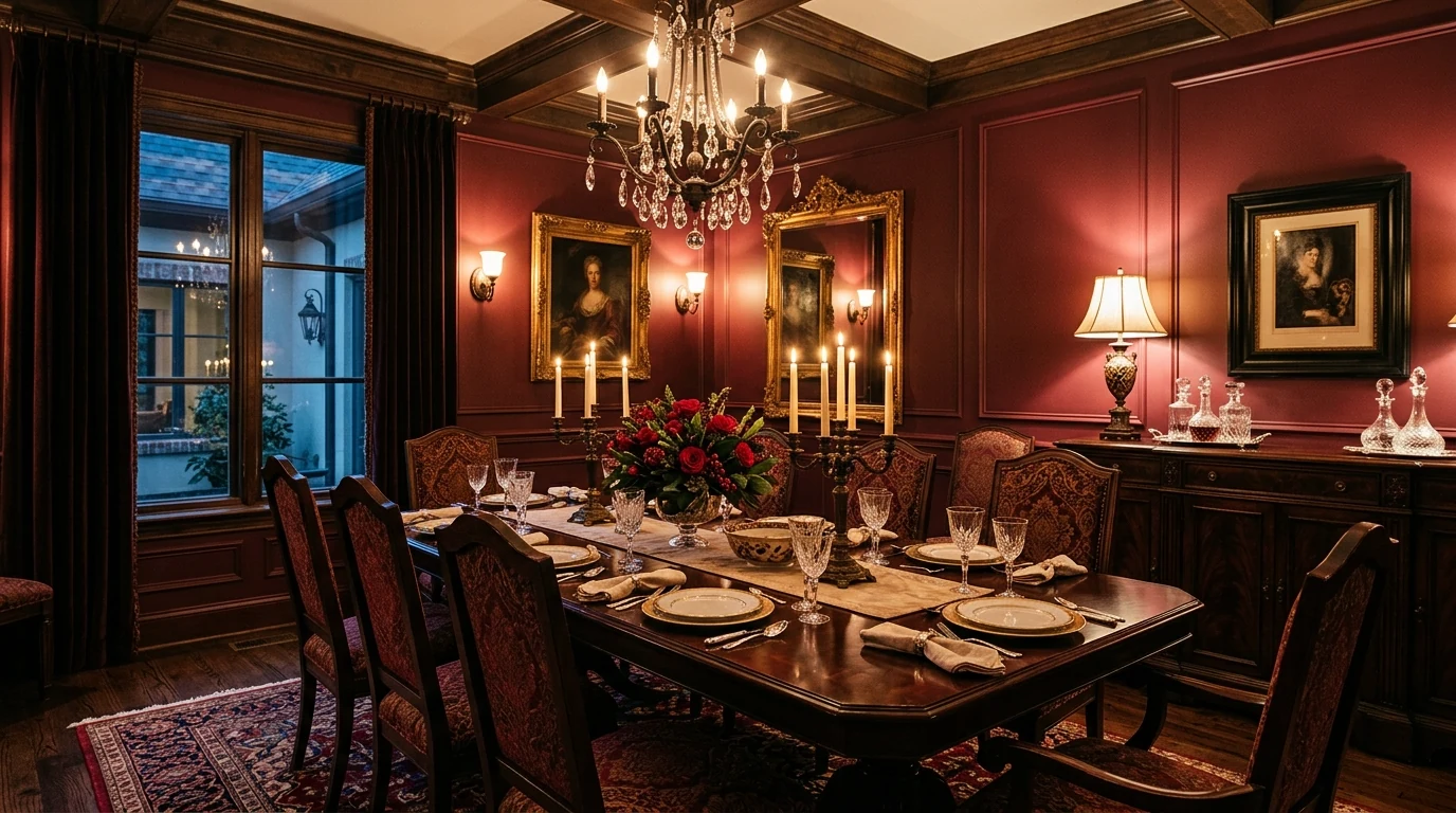 Trendy interior design color idea using deep plum and wine tones for drama.