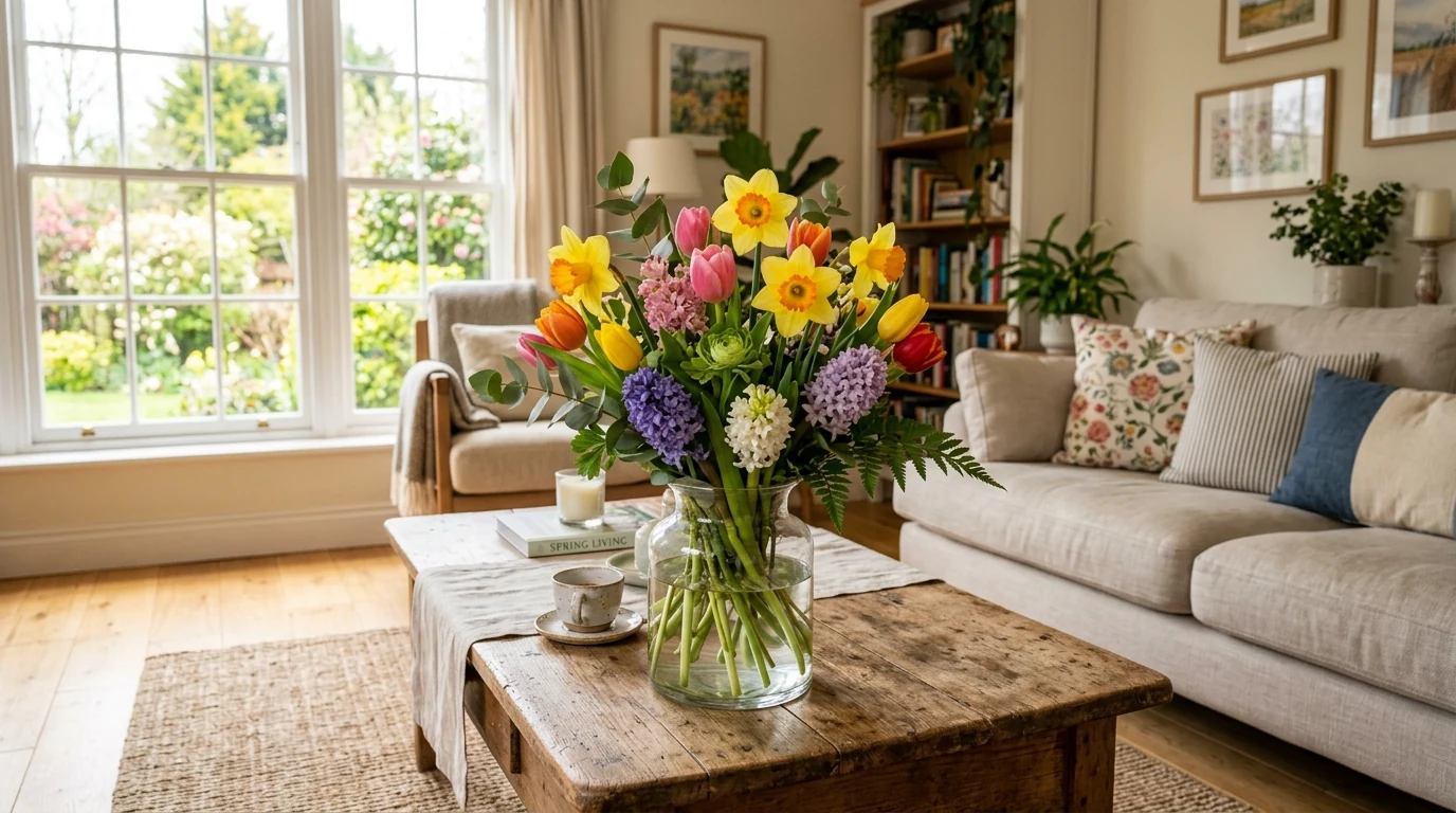 Vibrant spring flower arrangement adding color to an interior room.