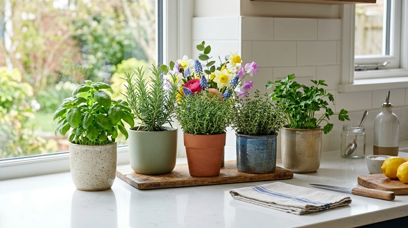 Spring peony arrangement in a low bowl on a dining table.