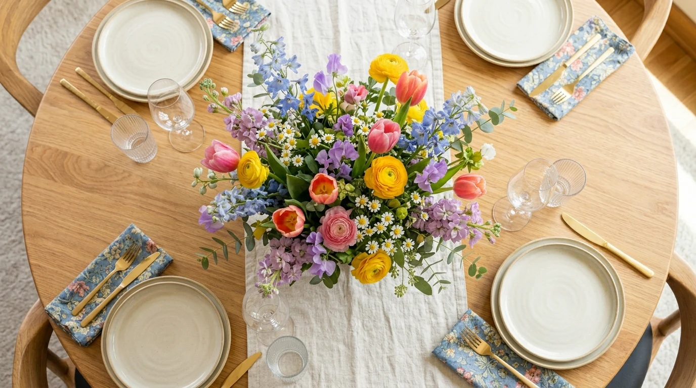 Tall spring flower arrangement with blossoming branches in an entryway.