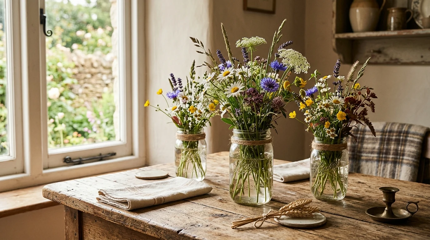 Kitchen island styled with a green and white spring flower arrangement.