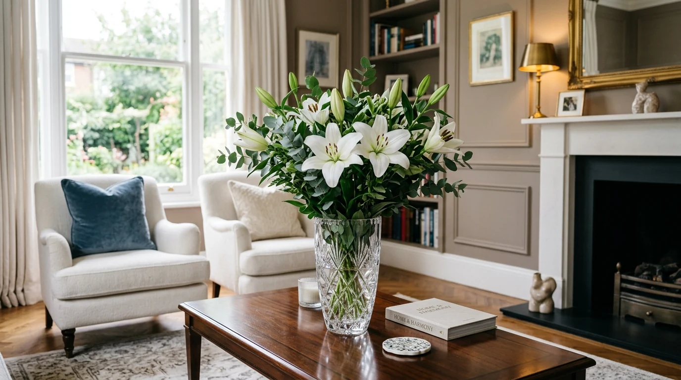 Pink spring flower arrangement placed on a bedroom dresser.