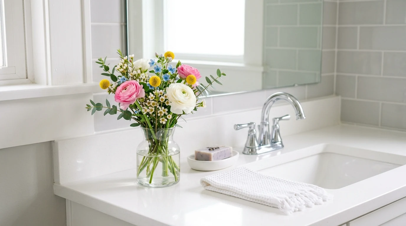 Spring flower arrangement with lemons and blooms on a dining table.